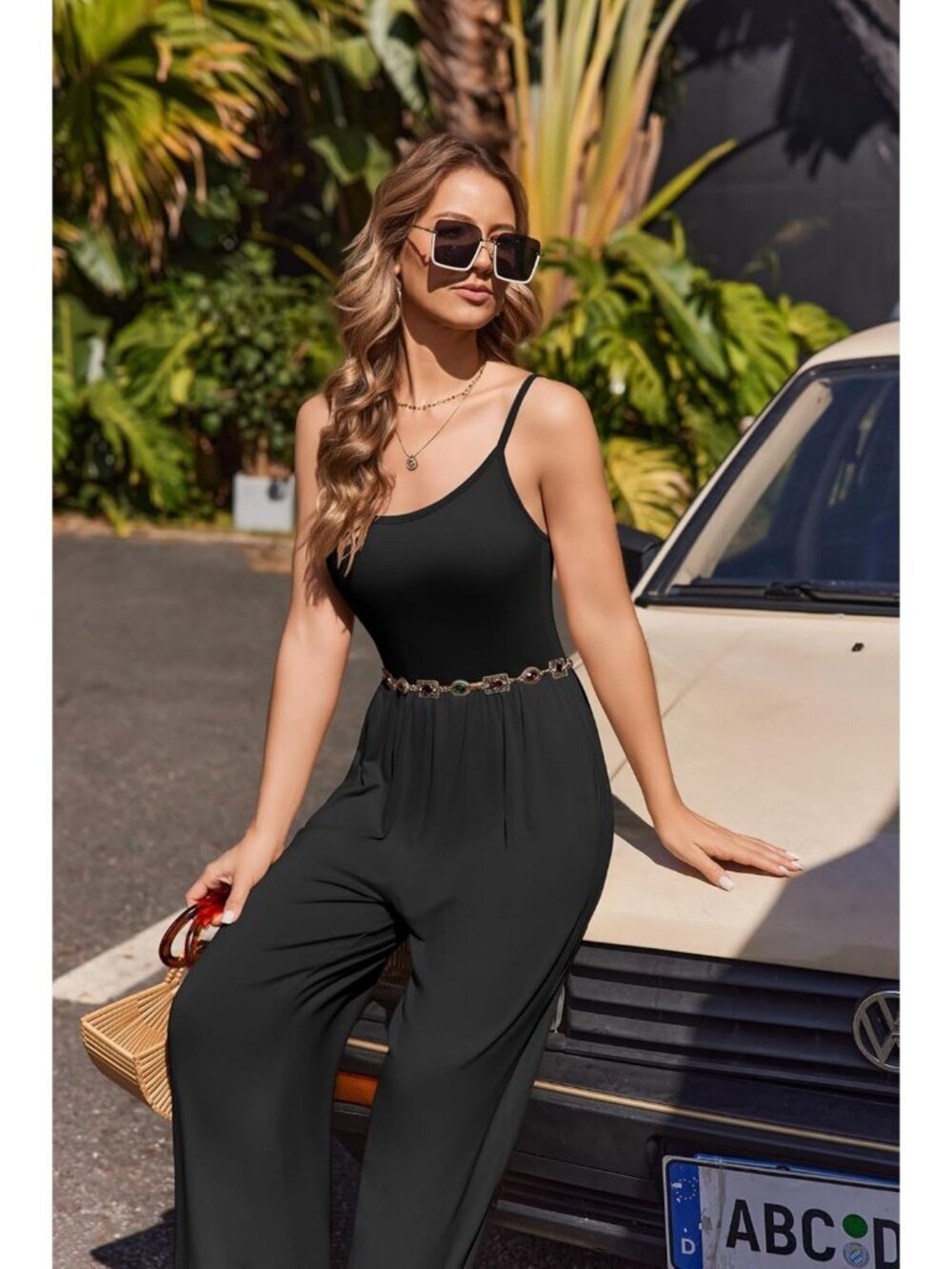 Women's Jumpsuits Black Sleeveless Strap Wide Leg Summer Romper with Pockets - Picture 5 of 6